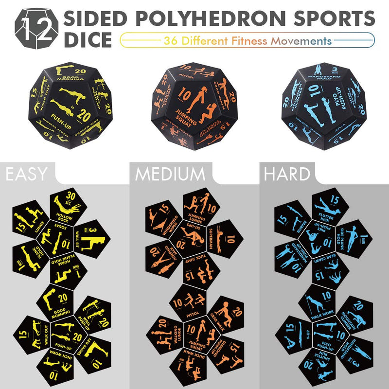 Exercise Dice, for Home Fitness, Workouts, Cardio, 12-Sided Movement Dice Fun Gym Learning Game for Fitness & Exercise Classes , with Exercise Illustration Booklet (3pcs) Black - BeesActive Australia