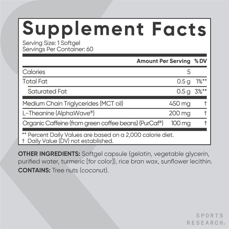 Sports Research L-Theanine Supplement with Caffeine & Coconut MCT Oil - Focused Energy, Alertness & Relaxation Without Drowsiness - 200mg L Theanine, 100mg Organic Caffeine - 60 Liquid Softgels - BeesActive Australia