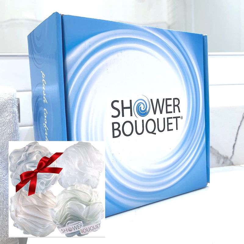 Loofah-Bath-Sponge XL-75g-Soft-Set by Shower Bouquet: 4-Pack-Pastel-Colors - Extra-Large Mesh Pouf Scrubber for Men and Women - Exfoliate with Big Lathering Cleanse Pastel Cool-gray, Sage-green, Warm-tan, Lite-white - BeesActive Australia
