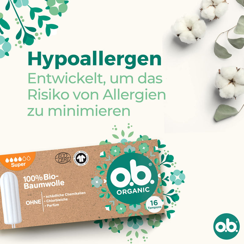 o.b. Organic Super, Organic tampons for Strong Days, Made from 100% Organic Cotton for Reliable and Natural Protection (1 x 16 Pieces) - BeesActive Australia