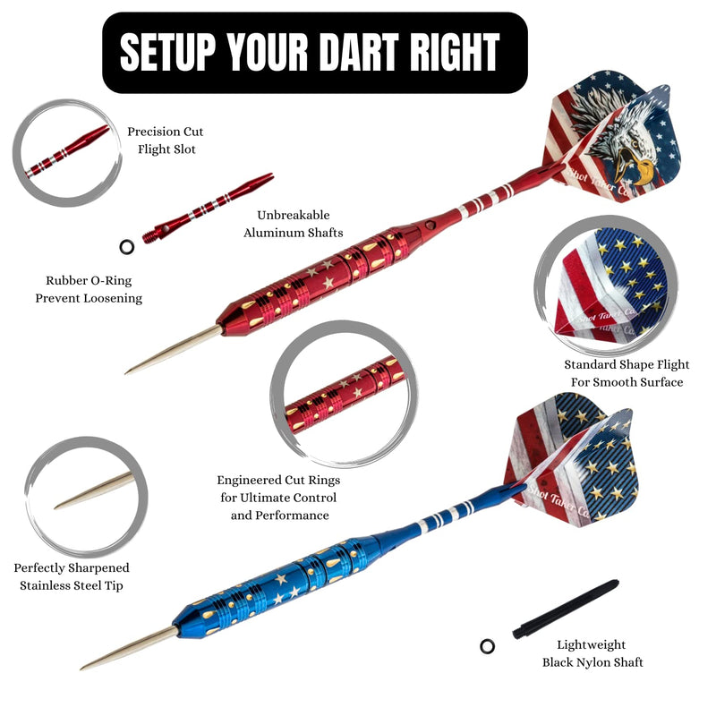 SHOT TAKER CO. EST. 2017 Steel Tip Darts Set - Professional Darts Steel Tip for Dartboard - Includes Brass Barrels + Plastic & Aluminum Shafts + Rubber O'Rings + Flights + Darts Sharpener + Wrench 22g- USA -STC10420 - BeesActive Australia