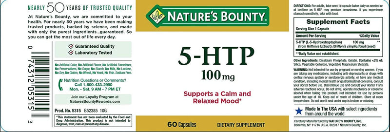 Nature's Bounty 5-HTP Pills and Dietary Supplement, Supports a Calm and Relaxed Mood, 100mg, 60 Capsules - BeesActive Australia