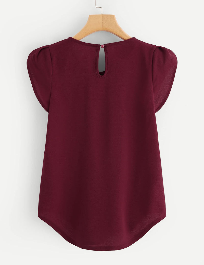 Milumia Women's Casual Round Neck Basic Pleated Top Cap Sleeve Curved Keyhole Back Blouse Large Burgundy - BeesActive Australia