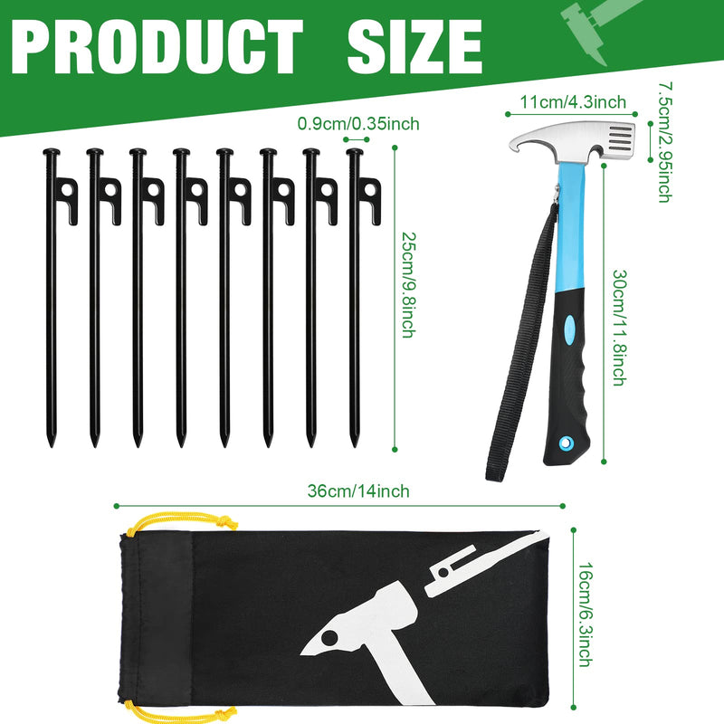 10 Pieces Tent Stakes Set Include Camping Hammer 8 Pcs 10 Inch Heavy Duty Forged Steel Tent Stakes with Storage Pouch for Camping Hiking Backpacking Gardening - BeesActive Australia