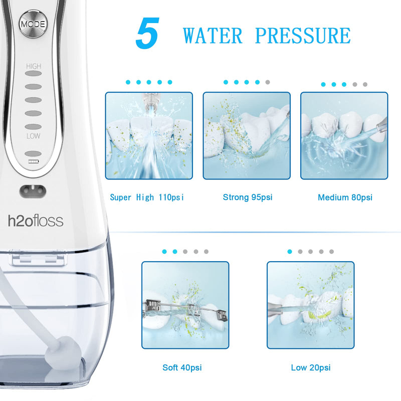 H2ofloss Water Flosser Portable Dental Oral Irrigator with 5 Modes, 6 Replaceable Jet Tips, Rechargeable Waterproof Teeth Cleaner for Home and Travel -300ml Detachable Reservoir (HF-6) - BeesActive Australia