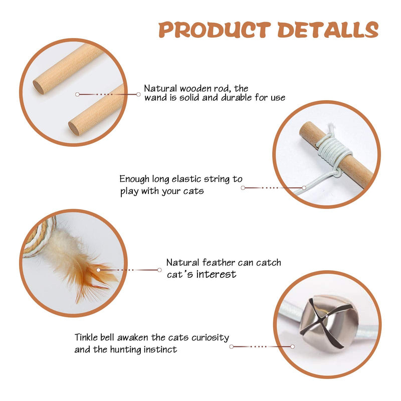 Cat Toys for Indoor Cats, 3pcs 16 Inch Natural Wood Cat Teaser Wand Toy with Teaser Refills for Cat Kitten Having Fun Exerciser Playing, Bonus 5pcs Catnip Sticks for Cat Teeth Cleaning Sisal - BeesActive Australia