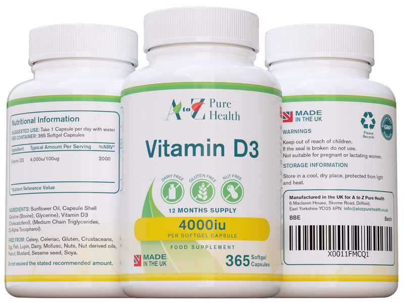 Premium Vitamin D3 Softgel | High Strength Vitamin D3 4000iu Supplement | 365 Easy to Swallow Softgel Capsule | One a day, Year Supply |Supports Healthy Bones,Teeth, Muscle and Immune System | UK Made - BeesActive Australia
