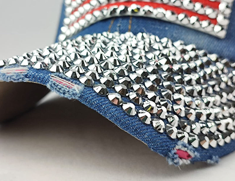 Kangqifen Unisex Rhinestone US Flag Distressed Washed Denim Baseball Cap Shiny Bling Frayed Brim Hat Blue - BeesActive Australia