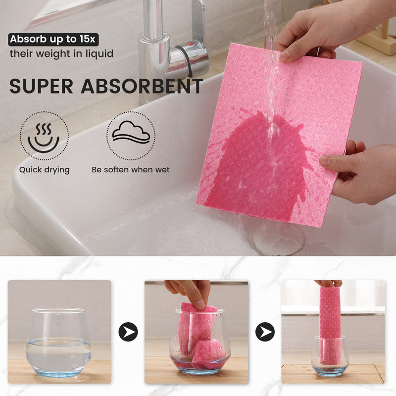 Homaxy Swedish Dishcloths for Kitchen, 10 Pack Reusable and Eco-Friendly Cellulose Sponge Cloths Dish Towels, Absorbent and No Odor Paper Towels for Dishes ＆ Counters, Pink Pack of 10 - BeesActive Australia