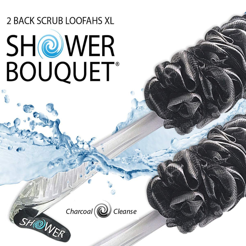 Loofah-Charcoal Back-Scrubbers 2-Pack-by-Shower-Bouquet: Long-Handle Bath-Sponge-Brushes with Extra Large Soft Mesh for Men & Women - Exfoliate with Full Pure Cleanse in Bathing Accessories Charcoal Black - BeesActive Australia