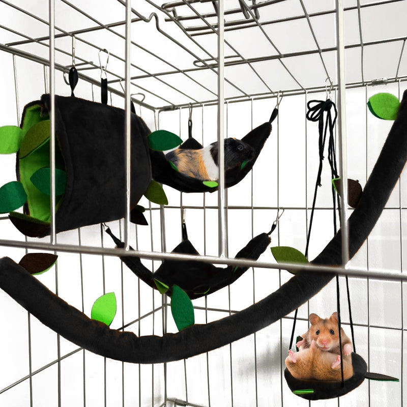 MUYG Hamster Hammock,Small Animal Hanging Hideout Tunnel Sleeping Set Plush Swing Warm Bed House Cage Nest Accessories for Sugar Glider,Squirrel,Black(5 Pcs) - BeesActive Australia