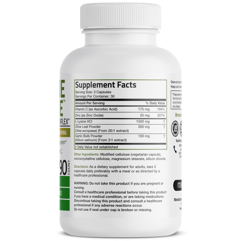 Bronson L-Lysine Defense Immune Support Complex 1500 MG L-Lysine Plus Olive Leaf, Garlic, Vitamin C and Zinc - Non-GMO, 90 Vegetarian Capsules 120 Count (Pack of 1) - BeesActive Australia