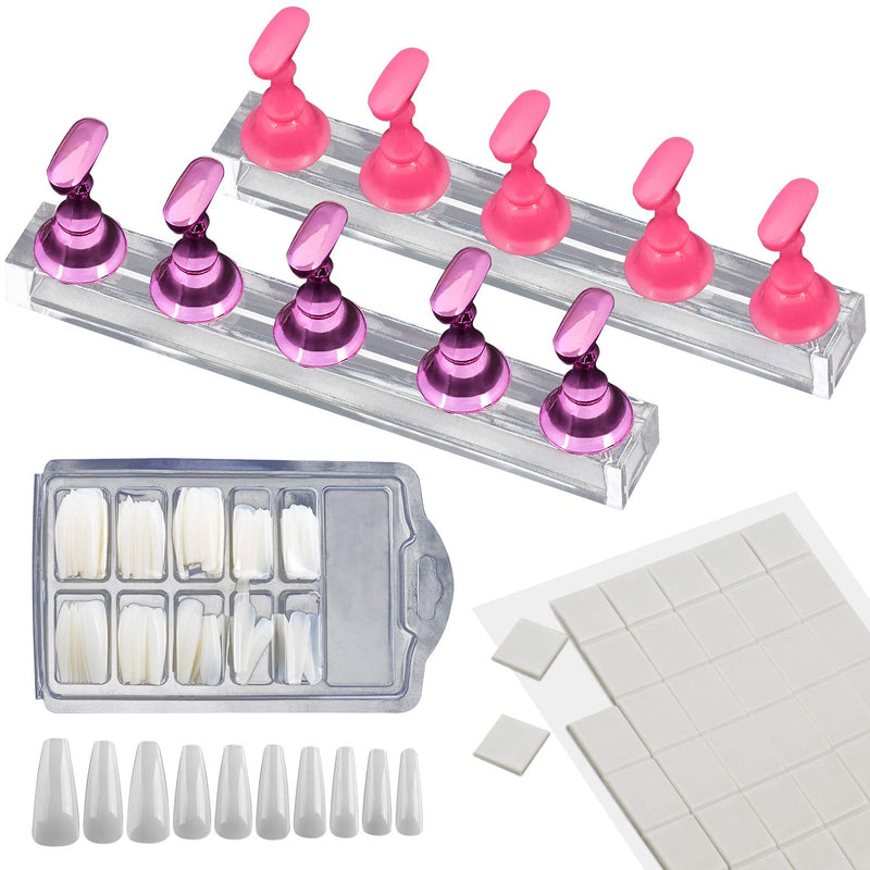 OIIKI 2 Set Acrylic Manicure Practice Stand, Magnetic Nail Tips Holders, Fingernail Display Stands Manicure Training Holder, with 60PCS Reusable Sticky Clay Adhesive Putty + 100PCS Long Nail Tips - BeesActive Australia
