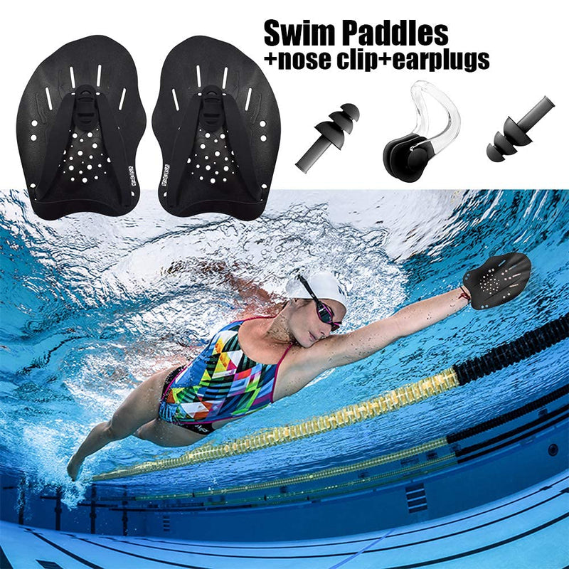 Vsidea Swim Training Hand Paddles with Ear Plugs and Nose Clip, Adjustable Straps Contour Swimming Paddles for Women Men and Children Professional Swimming Accessories Black - BeesActive Australia