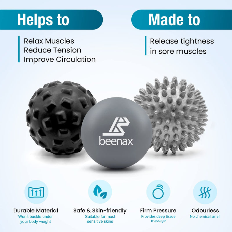 Beenax Massage Ball (Set of 3) - Perfect for Deep Tissue, Muscle Recovery, Trigger Point, Myofascial Release, Plantar Fasciitis and Muscle Relief - Designed to Relieve Stress and Relax Tight Muscles Grey - BeesActive Australia