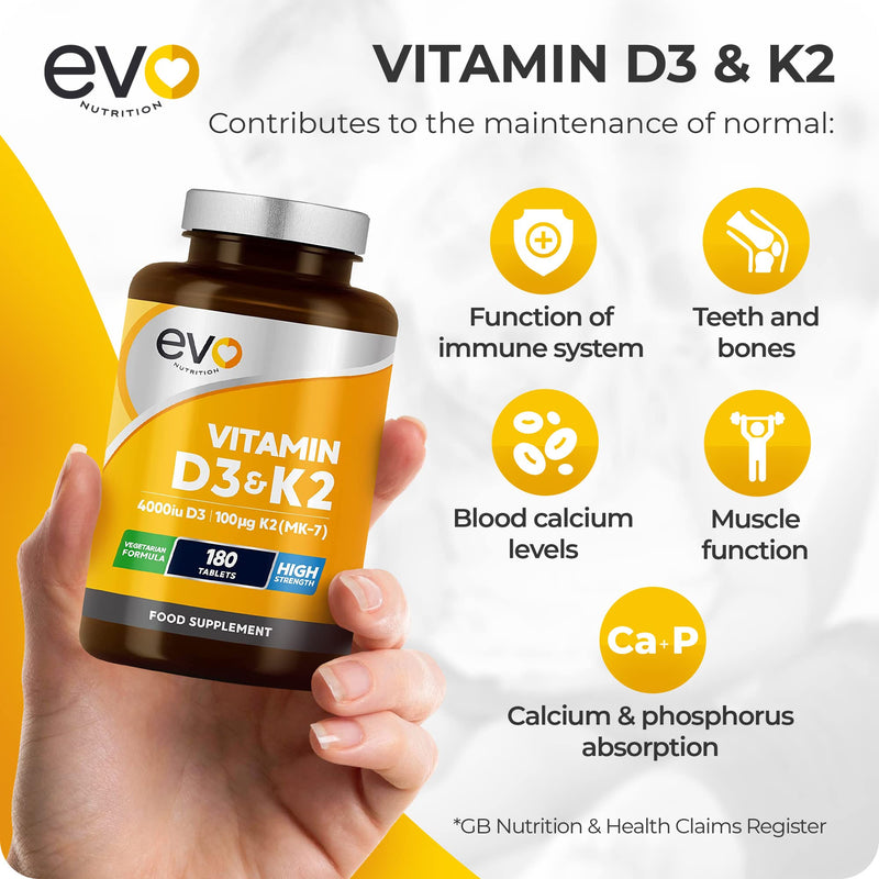 Vitamin D3 4000iu & Vitamin K2 100ug (MK7) |180 Vitamin D3 K2 Vegetarian Tablets | 1-A-Day | 6 Month Supply | High Strength D3 and K2 Vitamin | Vitamin D K2 Supplement | Made in The UK - BeesActive Australia