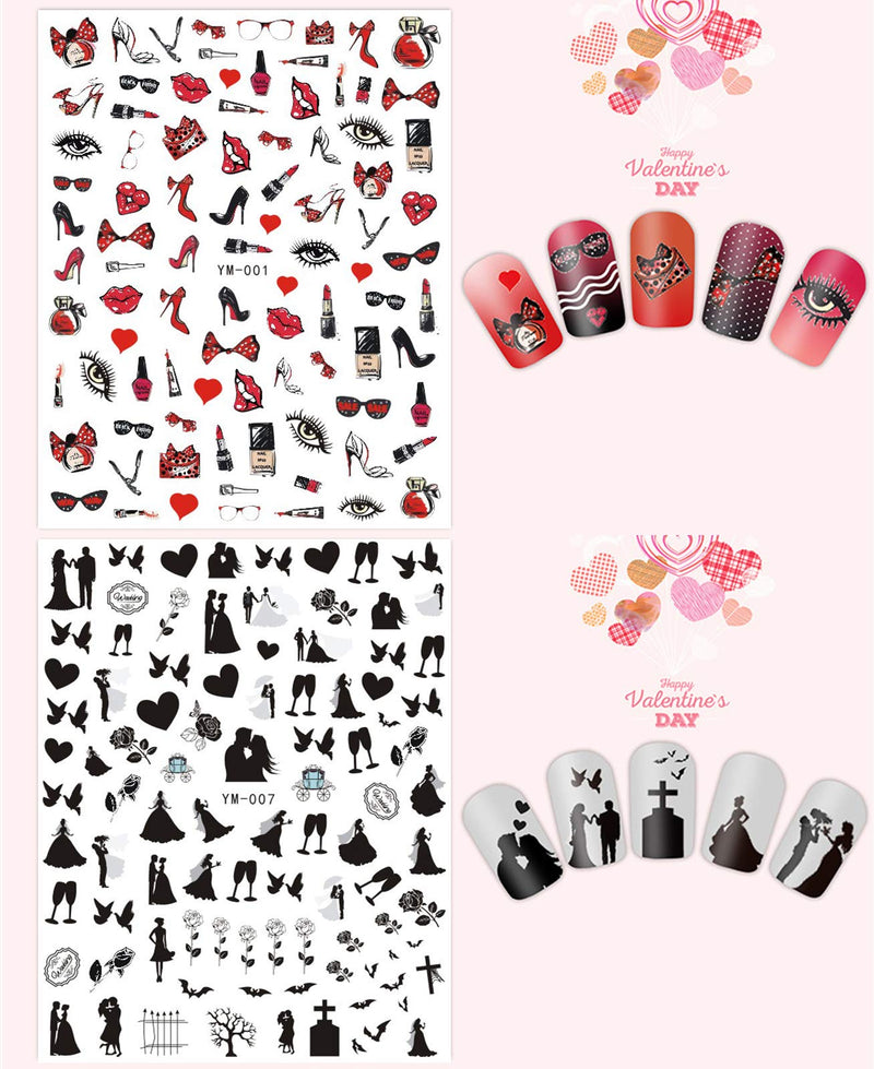 Valentines Day Nail Art Sticker Decal 3D Self-Adhesive Valentines Day Nail Decorations Sexy Red Lips Love Kiss Angel Baby Cupid Heart Valentine Nail Decorations (12 Sheets) - BeesActive Australia