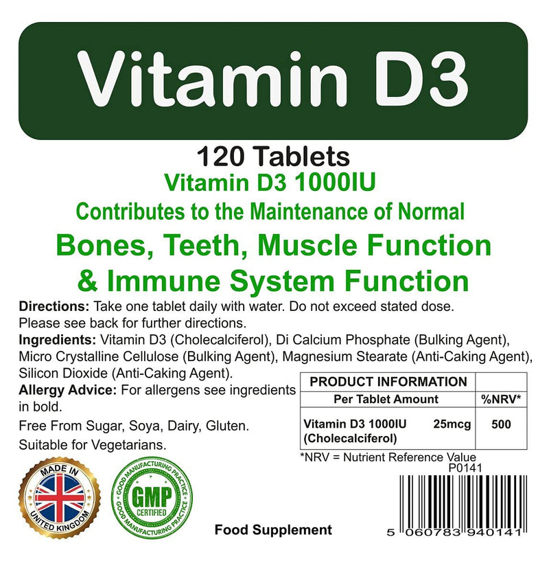Vitamin D3 1000IU Tablets 120 Pack by ProAid, Easy to Swallow, One A Day, Made in UK, Premium Tablets - BeesActive Australia