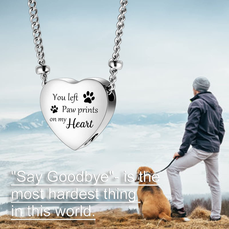 Urn Necklace for Ashes with Paw Prints Heart Cremation Jewelry for Dog Ashes- You Left Paw Prints on My Heart Silver - BeesActive Australia
