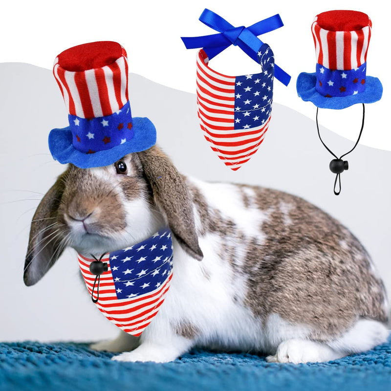 CooShou 4 Pcs Pet Independence Day Costume Pet 4th of July Guinea Pig Hat and Bandana Uncle Sam Rabbit Hat American Flag Small Animals Hat Bandana Triangle Bib Scarf with Stars and Stripes Pattern Large - BeesActive Australia