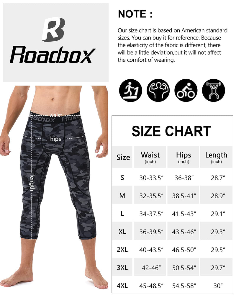 Roadbox Mens 3/4 Compression Pants with Pockets Running Base Layer Legging Tights Black02+camo02 X-Large - BeesActive Australia