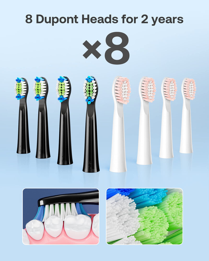 Bitvae Electric Toothbrushes 2 Pack Sonic Toothbrush with Holders, Dual Ultrasonic Electronic Toothbrush 8 Brush Heads 5 Modes, Rechargeable Power Toothbrush for 30 Days Using, Black & Pink - BeesActive Australia