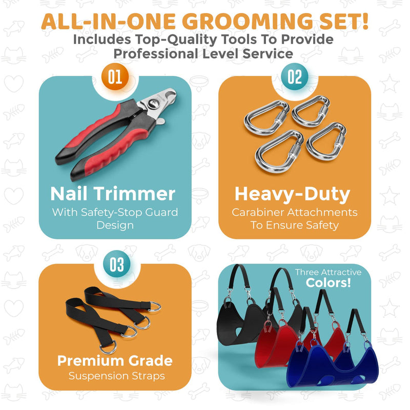 Dashing Paw Dog Grooming Hammock – Sturdy & Safe Dog Hammock for Grooming with Durable Carabiner Clips & Straps – Soft, Comforting Dog Grooming Harness – Pet Grooming Hammock + Nail Trimmer Medium Black - BeesActive Australia