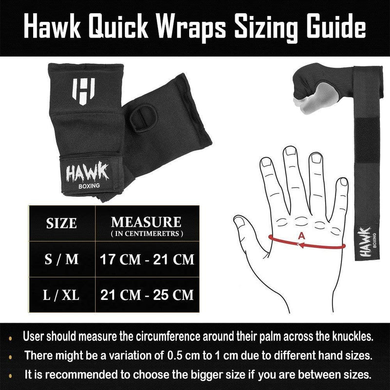 [AUSTRALIA] - Hawk Padded Inner Gloves Training Gel Elastic Hand Wraps for Boxing Gloves Quick Wraps Men & Women Kickboxing Muay Thai MMA Bandages Fist Knuckle Wrist Wrap Protector Handwraps (Pair) Black L-XL 