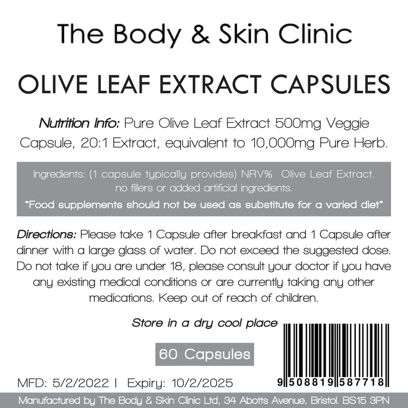 Olive Leaf Extract - Maximum Strength - High in Oleuropein -10,000mg - UK Made - Zero Additives - Pullulan (60 Capsule Pouch) - BeesActive Australia