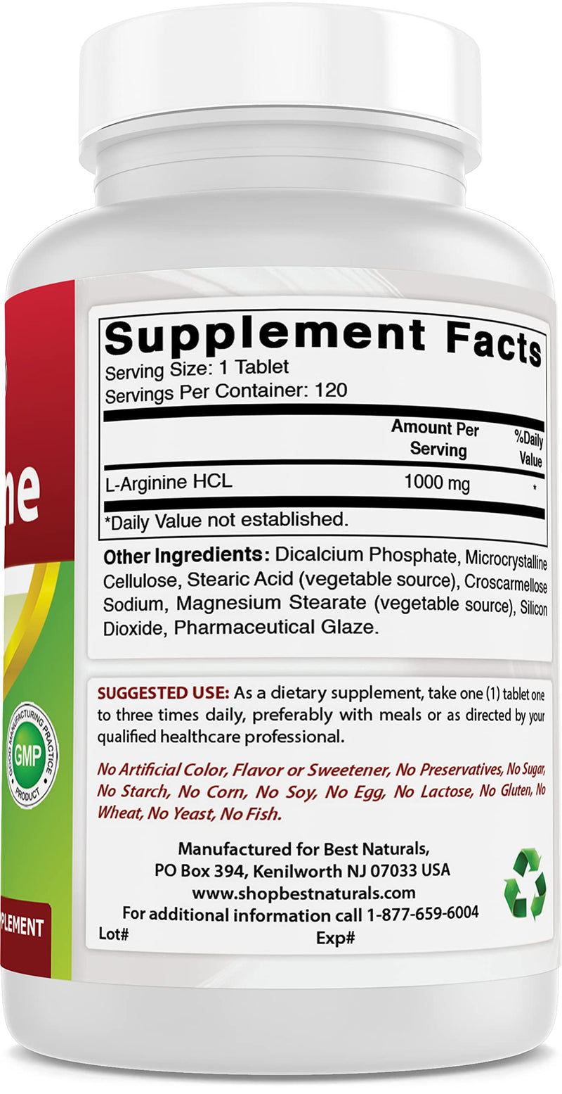 (New Improved Formula) Best Naturals L-Arginine 1000 mg 120 Tablets - Pharmaceutical Grade L Arginine Supplement Promotes Nitric Oxide Synthesis 120 Count (Pack of 1) - BeesActive Australia