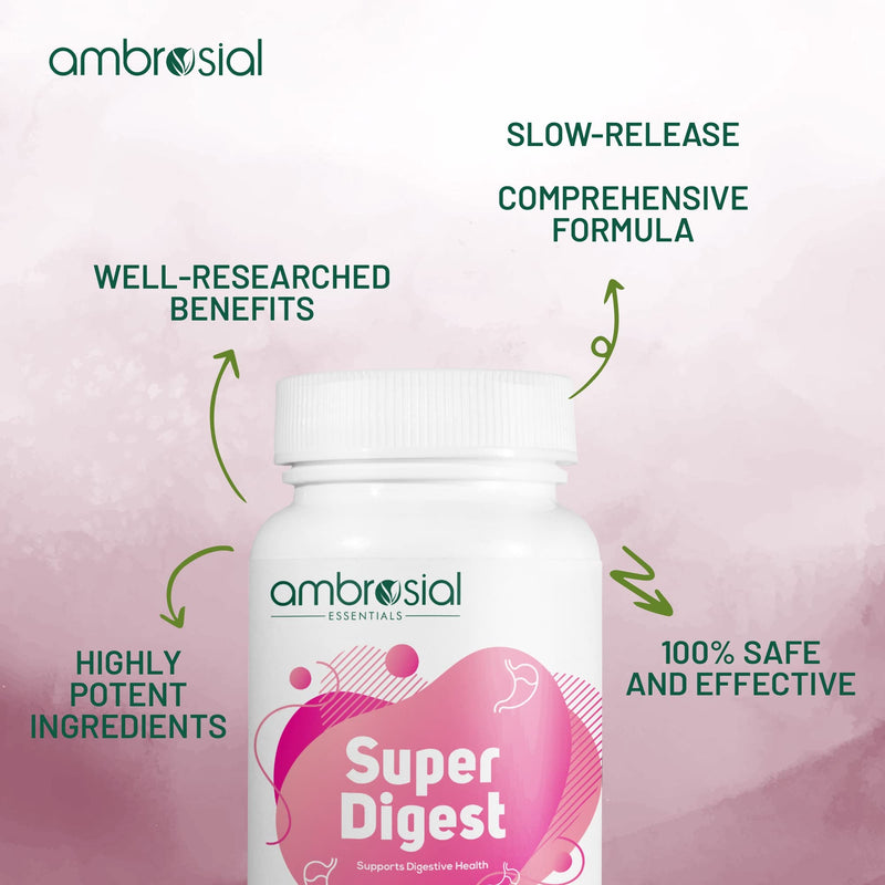 Ambrosial Super Digest with Betaine hcl Pepsin, Ox Bile, L-Glutamic Acid | Digestive Enzyme Supplements for Bloating Relief, Colon Cleanse| Digestives Gut Health Supplements (Pack of 1-60 Capsules) - BeesActive Australia