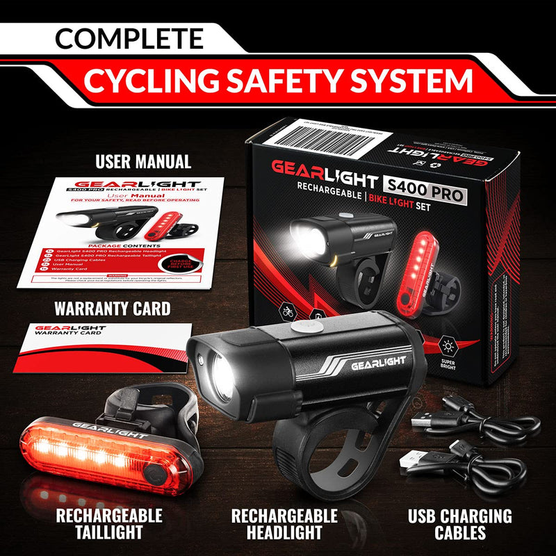 GearLight Rechargeable Bike Light Set S400 - Reflectors Powerful Front and Back Lights, Bicycle Accessories for Night Riding, Cycling - Headlight Tail Rear for Kids, Road, Mountain Bikes - BeesActive Australia