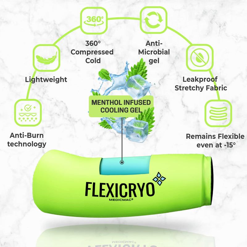 MEDICMAC® FlexiCryo™ 360° Cold Therapy Compression Sleeve for Arthritis, Injuries & Sports Recovery - Reusable, Comfortable and Ultra Flexible Ice Wrap for Knees, Elbows, Shins, Ankles, Calf Pain (M) Medium (Pack of 1) - BeesActive Australia