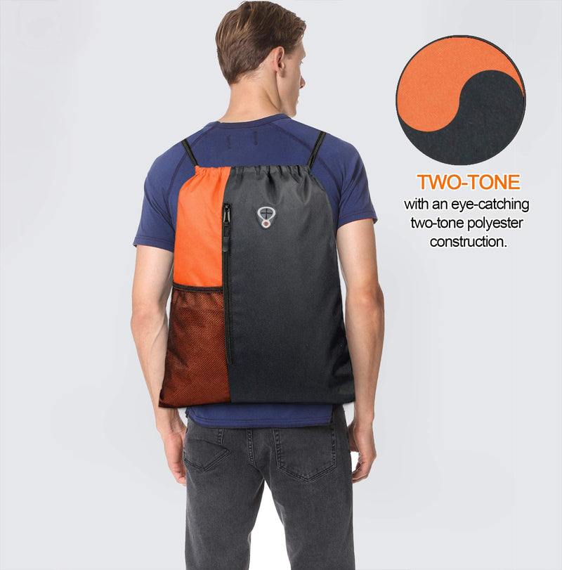 Drawstring Backpack Sports Gym Bag for Women Men Children Large Size with Zipper and Water Bottle Mesh Pockets Black/Oranage - BeesActive Australia