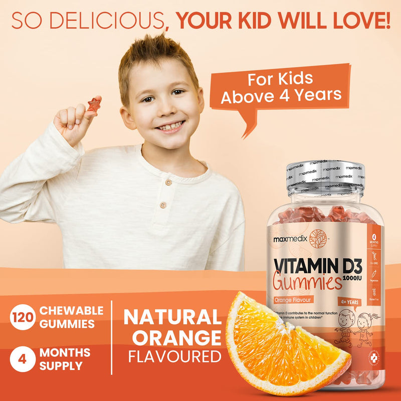 Vitamin D Gummies Kids 1000IU - Natural Orange Flavour Gummies - 4 Months Supply (120 Vitamin D3 Gummies) - One A Day - for 4 Years+ Children - Vegetarian, GMO & Gluten-Free Gummy Vitamin D for Kids - BeesActive Australia