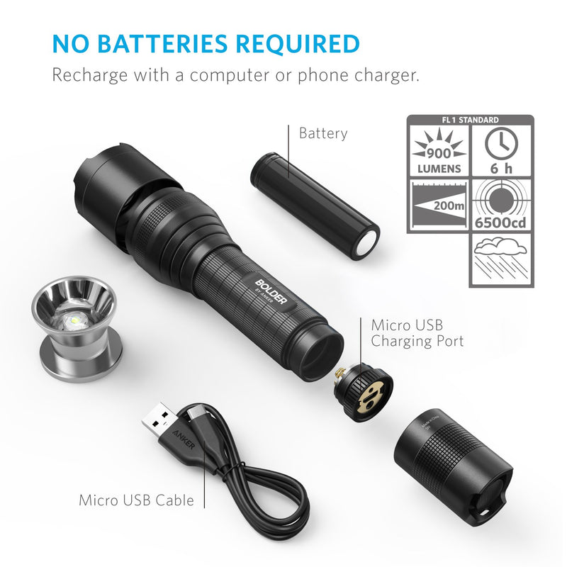 Anker Rechargeable Bolder LC90 LED Flashlight, Pocket-Sized Torch with Super Bright 900 Lumens CREE LED, IPX5 Water-Resistant, Zoomable, 5 Light Modes, 18650 Battery Included - BeesActive Australia