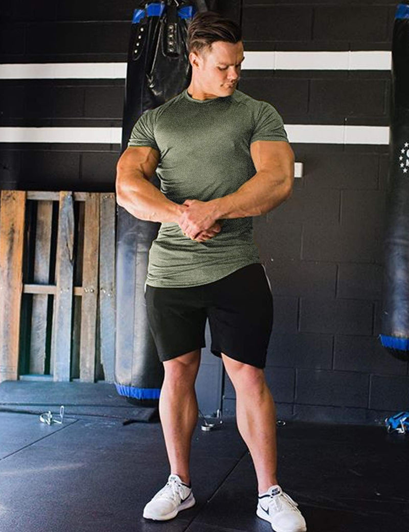 URRU Men's Quick Dry Workout T-Shirts Compression Athletic Baselayer Tee Gym Training Tops S-XXL Army Green Small - BeesActive Australia