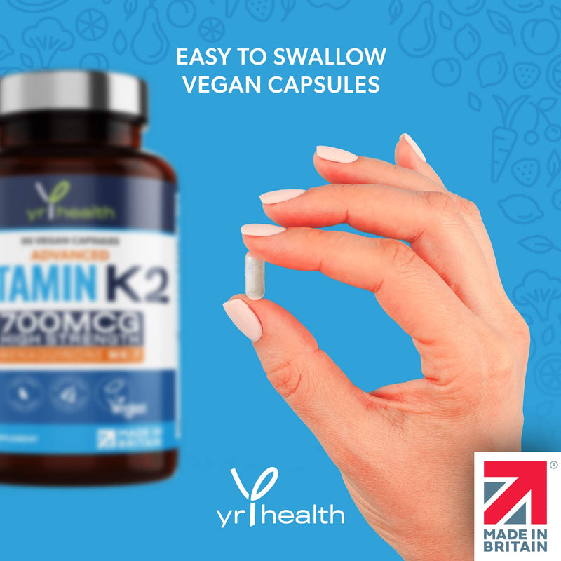 Vitamin K2 MK7 700mcg - High Strength Vitamin K2 Menaquinone - 90 Vegan Society Registered Capsules Not Tablets - Made in The UK by YrHealth - BeesActive Australia
