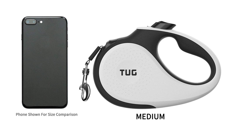 TUG 360° Tangle-Free Retractable Dog Leash with Anti-Slip Handle | 16 ft Strong Nylon Tape | One-Handed Brake, Pause, Lock Medium White - BeesActive Australia