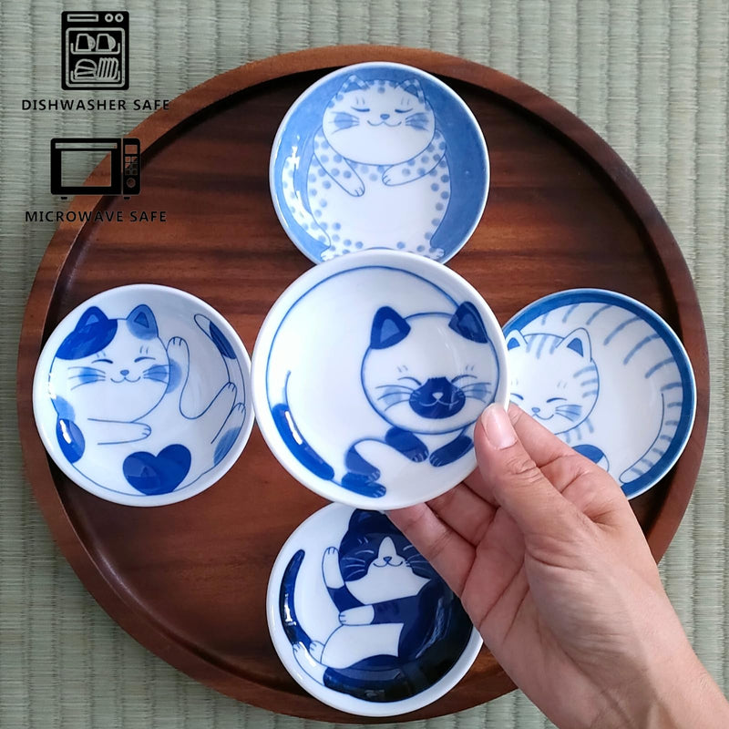 LOVE LOVE JAPAN Dessert Sushi Soy Sauce Salad Small Plate Set Ceramic Cats Design Set of 5 Made In Japan Sleeping Cat - BeesActive Australia