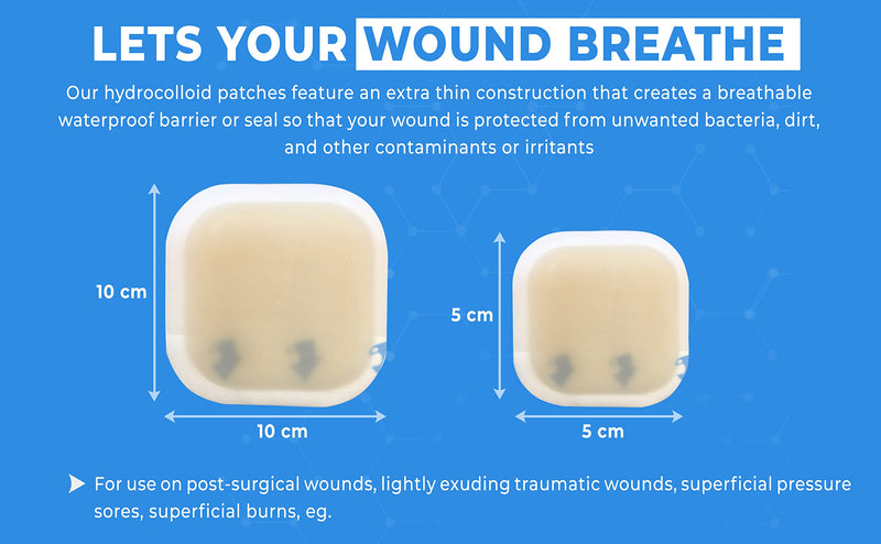 5pcs - 5cm x 5cm Hydrocolloid Wound Dressing Pads with Border - Sterile Waterproof Adhesive Bandages for Wounds - Medical and First Aid Supplies – for Cuts Scratches Burns Pressure Sores e.g. 5x5 cm (Pack of 5) - BeesActive Australia