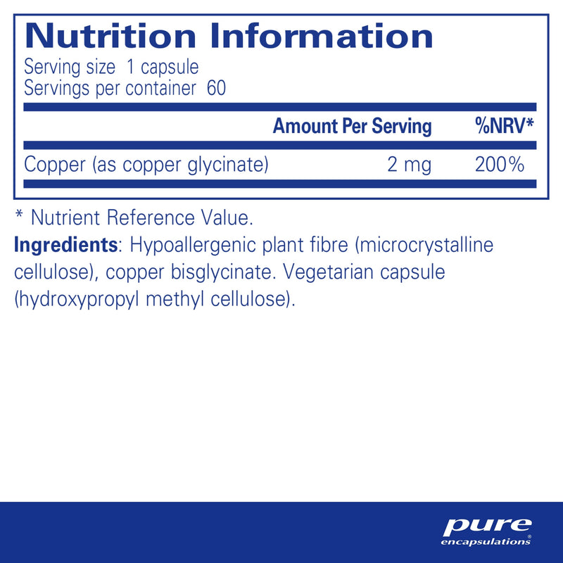 Pure Encapsulations - Copper (glycinate) - Support for Normal Function of The Immune System - 60 Capsules - BeesActive Australia