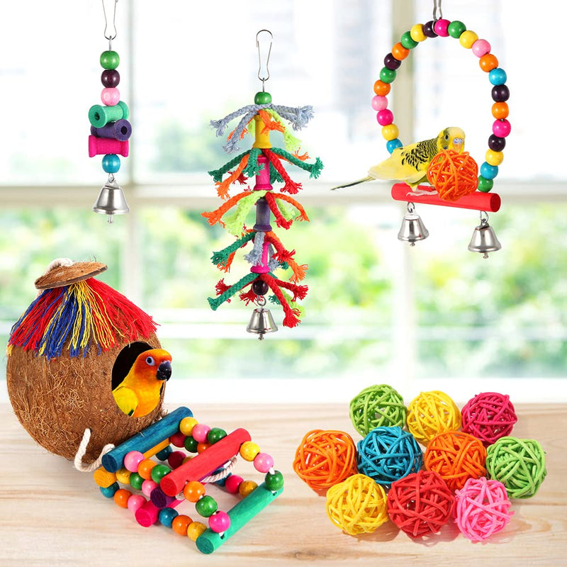 Bird Toys 17 Pcs Bird Parakeet Swing Chewing Hanging Toys Climbing Ladder Coconut Bird Cage Toys Suitable for Cockatiels,Conures,Finches,Budgie,Love Birds - BeesActive Australia