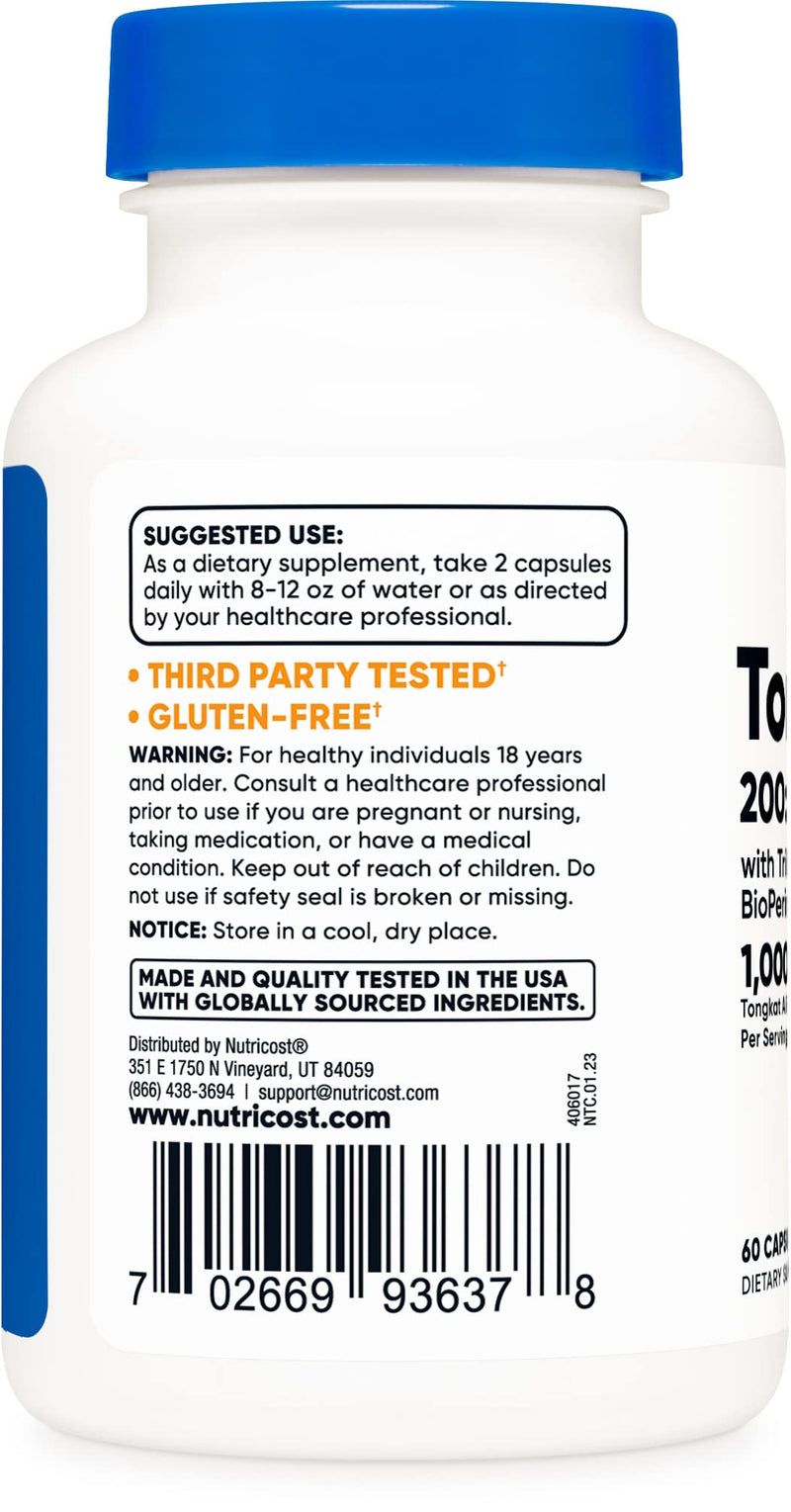 Nutricost Tongkat Ali 1,000mg 60 Capsules - with Tribulus Terrestris and BioPerine, Vegetarian Caps, Non-GMO, Gluten Free, Potent Extract 60 Count (Pack of 1) - BeesActive Australia