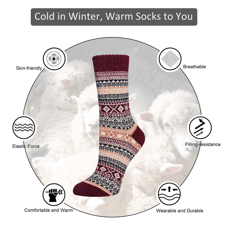 5 Pack Womens Wool Socks Winter Warm Socks Thick Knit Cabin Cozy Crew Soft Socks Gifts for Women Large A-blue/Dark Blue/Brown/Red/Green - BeesActive Australia