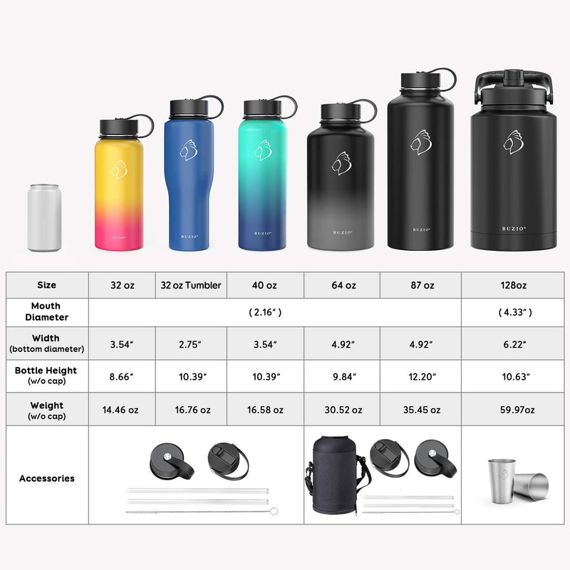 BUZIO Insulated Water Bottle with Straw Lid and Flex Cap, 32oz, 40oz, 64oz, 87oz Modern Double Vacuum Stainless Steel Water Flask, Cold for 48 Hrs Hot for 24 Hrs Simple Thermo Canteen Mug,BPA-Free 22 oz Black 22oz - BeesActive Australia