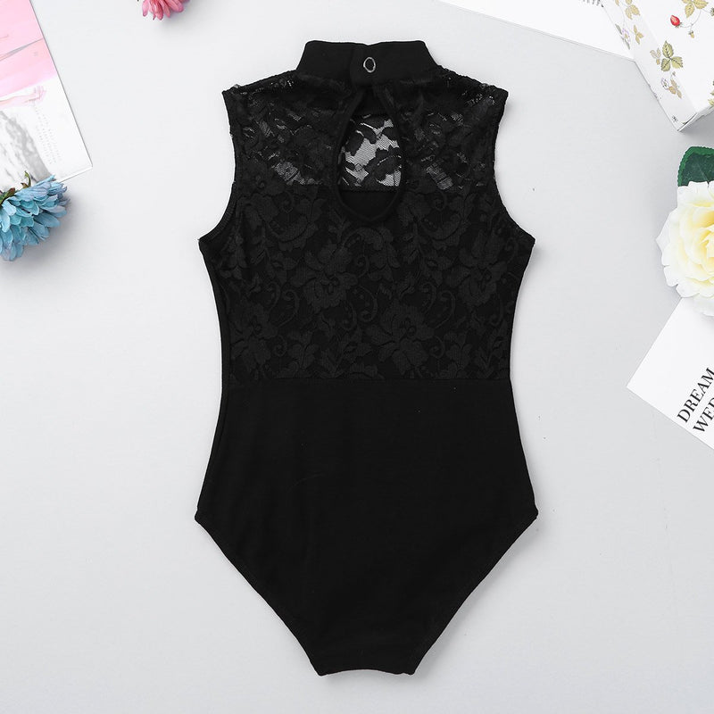 [AUSTRALIA] - ranrann Kids Girls Sleeveless Turtle Neck Lace Splice Keyhole Back Ballet Dance Gymnastic Leotard Athletic Activewear Black 5-6 