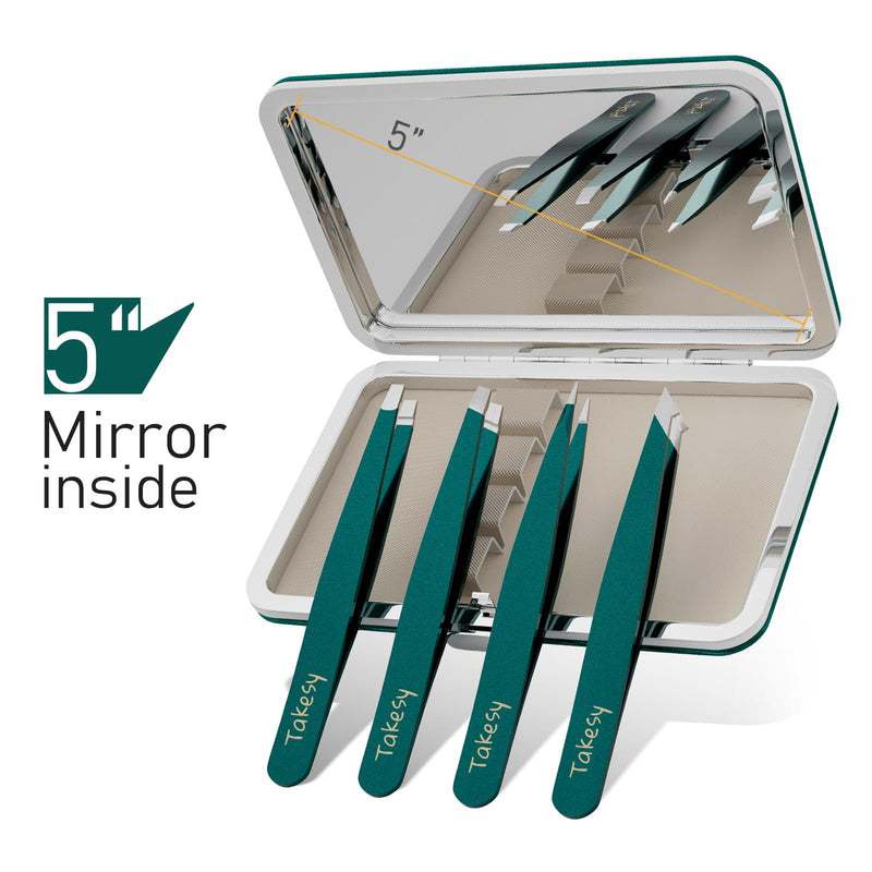 Takesy Professional Tweezers for Women Facial Hair Chin and Ingrown Hair, Travel Size Eyebrow Plucker Tweezers Set with Leather Mirror Case (Forest Green) Forest Green - BeesActive Australia