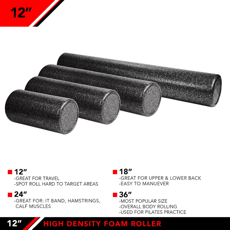 JFIT High Density Muscle Foam Roller - 12", 18", 24", 36" - Massage Rollers for Stretching, Deep Tissue and Myofascial Release 12-Inch New! Black - BeesActive Australia