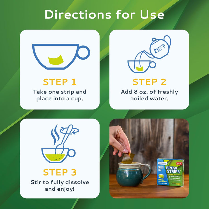 Calmour Natural Green Tea Extract Strips 10 Pack | Green Tea Bags Alternative Travel Friendly On-The-Go Quick Dissolving Strips | Lemon Ginger Tea with Antioxidants | Matcha Green Tea Powder - BeesActive Australia